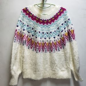 Aztec inspired shaggy sweater womens medium white/pink/blue distressed